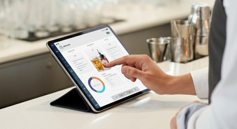 Barman aktualizuje data na tabletu — moderní evidence v restauraci v akci