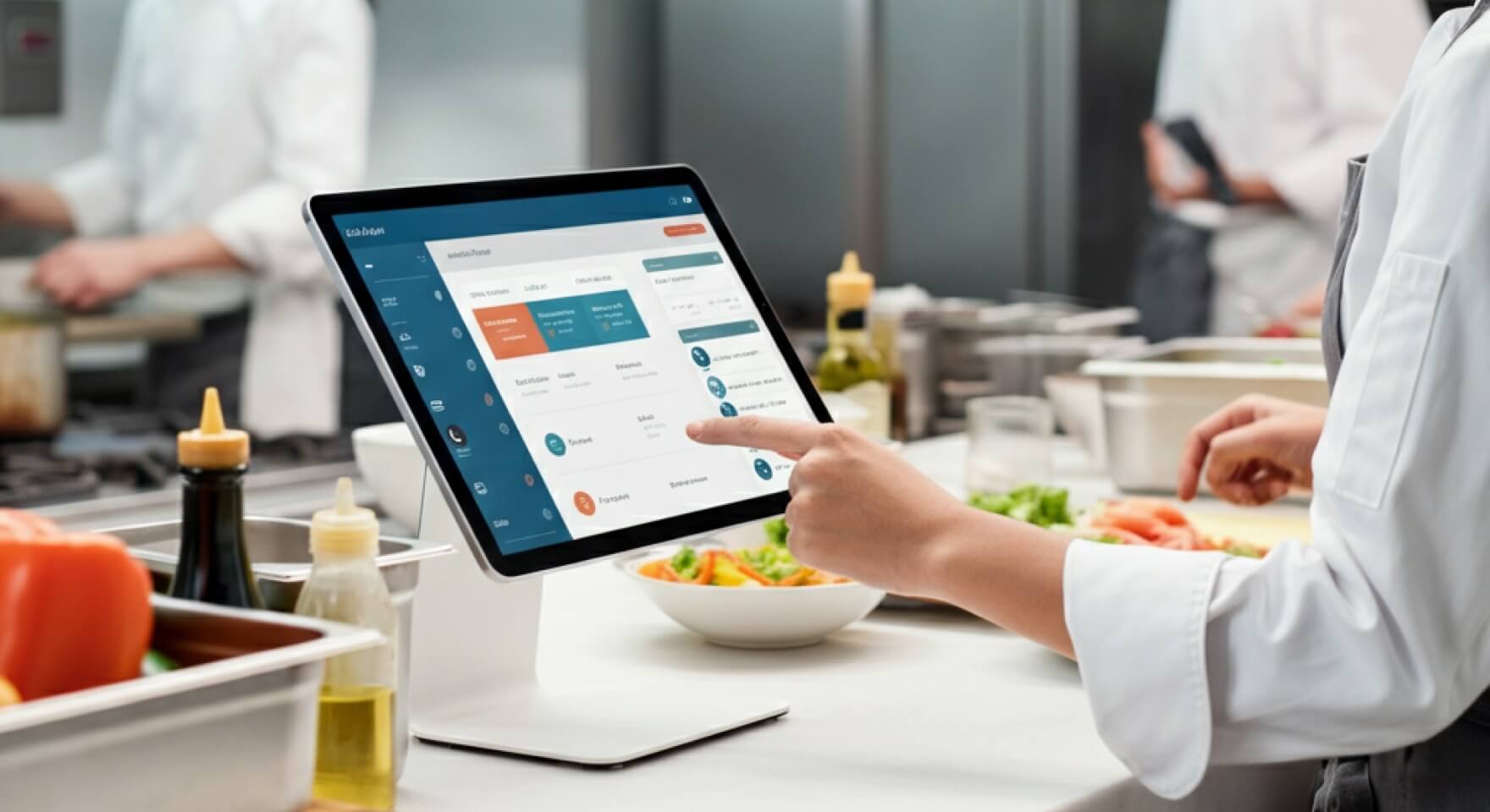 Automatizace kuchyně: šéfkuchař spravuje objednávky pomocí displeje na tabletu