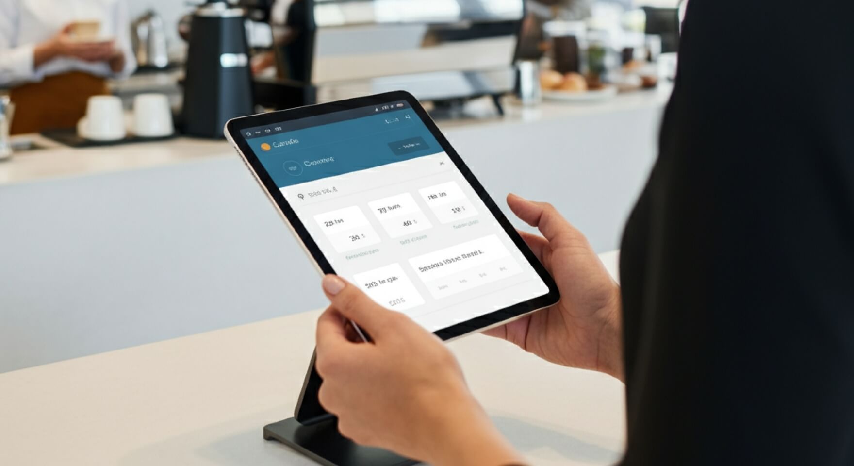 Číšník zadává objednávku na tabletu pomocí moderního softwaru pro restaurace