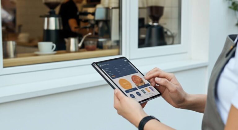 Zákazník provádí objednávku přes tablet — pohodlná automatizace kavárny